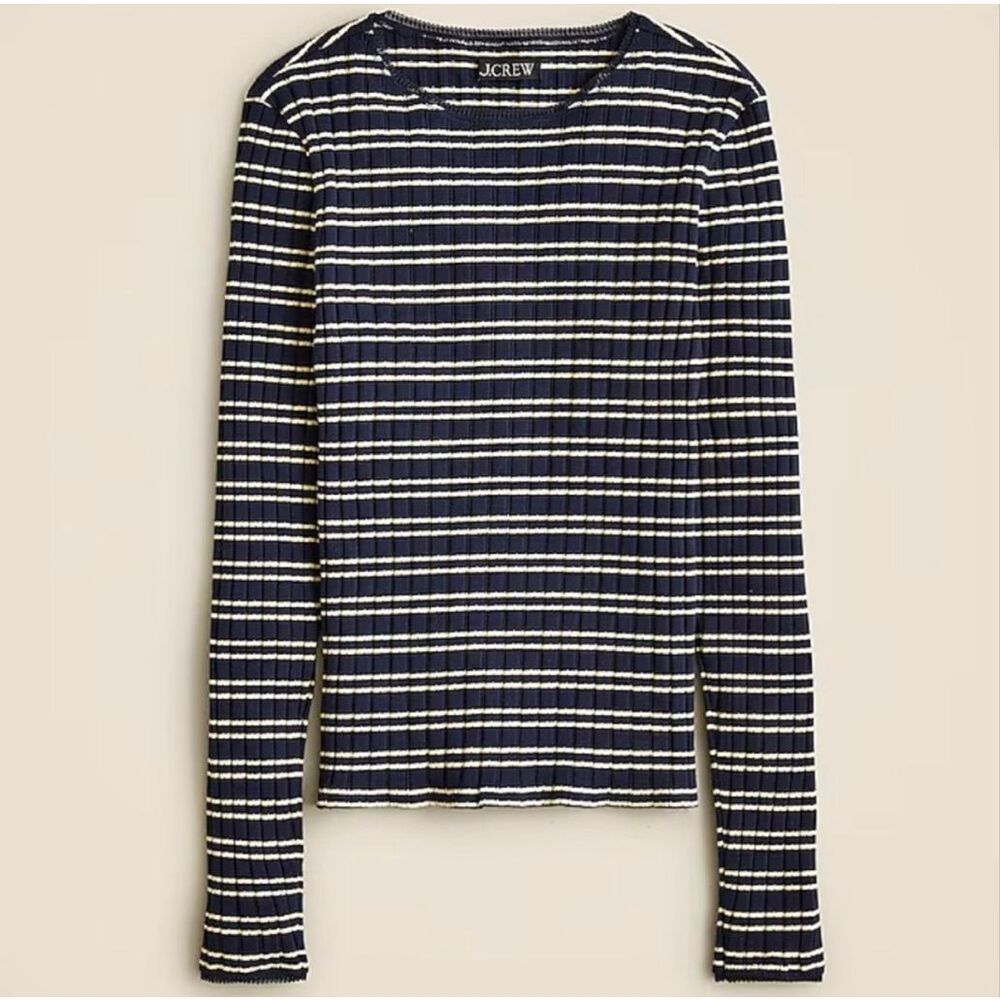 J Crew Long Sleeve Top Pointelle Striped Navy Cream Medium
